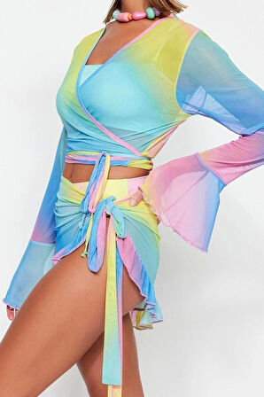 Moda Dokuma Degrade V Yaka Plaj Degrade Desenli Vücuda Oturan Örme Bağlamalı Mesh Bluz Etek Takım