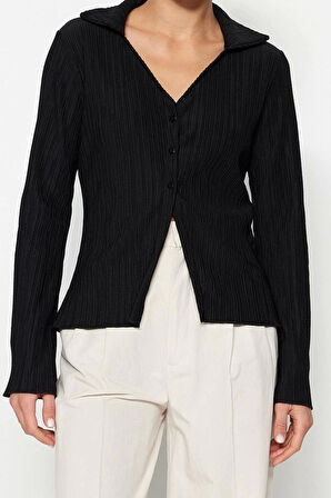 Moda Kadın Gömlek Yaka Düz Desen Gündüz Gece Piliseli Ve Düğmeli Flare İspanyol Kol Örme Gömlek