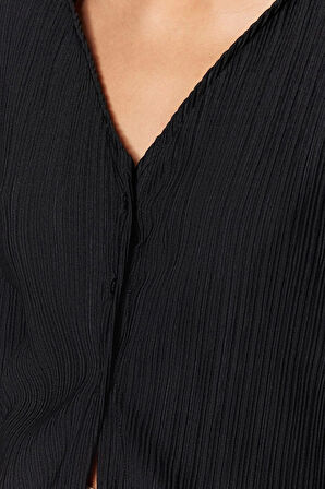 Moda Kadın Gömlek Yaka Düz Desen Gündüz Gece Piliseli Ve Düğmeli Flare İspanyol Kol Örme Gömlek