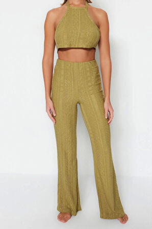 Moda Dokuma Düz Halter Yaka Plaj Ekru Örme Dantelli Bluz Pantolon Takım