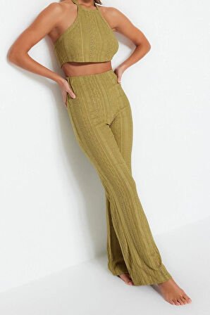 Moda Dokuma Düz Halter Yaka Plaj Ekru Örme Dantelli Bluz Pantolon Takım