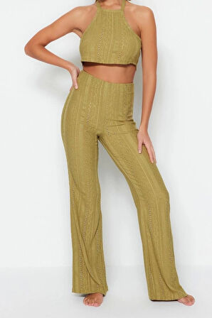 Moda Dokuma Düz Halter Yaka Plaj Ekru Örme Dantelli Bluz Pantolon Takım