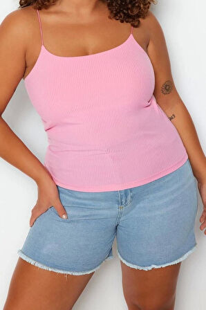 Moda Büyük Beden Kare Yaka Örme Fit Düz Desen Casual Günlük Crop Askılı Kol Bluz