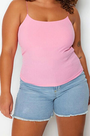 Moda Büyük Beden Kare Yaka Örme Fit Düz Desen Casual Günlük Crop Askılı Kol Bluz