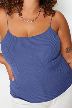 Moda Büyük Beden Kare Yaka Örme Fit Düz Desen Casual Günlük Crop Askılı Kol Bluz