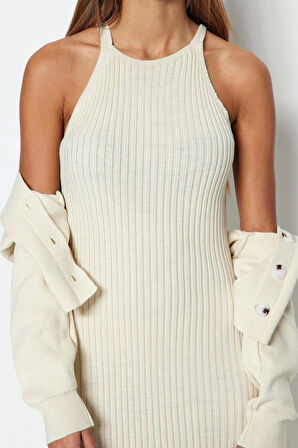 Moda Regular Casual Günlük Fitilli Triko Bisiklet Yaka Uzun Kol Bodycone Midi Boy Elbise