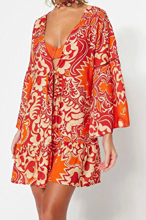 Moda Dokuma Regular Kalıp Crop V Yaka Standart Kol Shally Basic Etnik Desen Kimono Kaftan