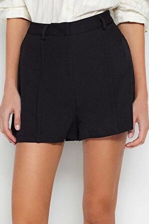 Moda Dokuma Normal Bel Geniş Paça Gündelik Siyah Gold Aksesuar Detaylı Yüksek Bel Dokuma Şort