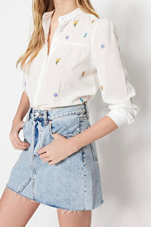 Moda Kadın Dik Yaka Tropikal Desen Günlük Nakış Detaylı Regular Normal Kalıp Dokuma Gömlek