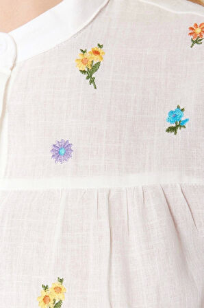 Moda Kadın Dik Yaka Tropikal Desen Günlük Nakış Detaylı Regular Normal Kalıp Dokuma Gömlek