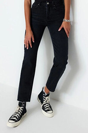 Stil Kadın Moda Denim Kot Pantolon Regular Geniş Paça Mavi Yüksek Bel Mom Jeans