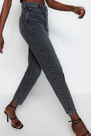 Stil Kadın Moda Denim Kot Pantolon Regular Geniş Paça Mavi Yüksek Bel Mom Jeans