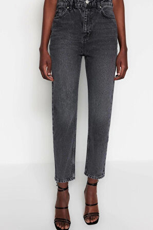 Stil Kadın Moda Denim Kot Pantolon Regular Geniş Paça Mavi Yüksek Bel Mom Jeans