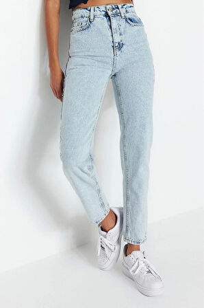 Stil Kadın Moda Denim Kot Pantolon Regular Geniş Paça Mavi Yüksek Bel Mom Jeans