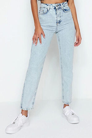 Stil Kadın Moda Denim Kot Pantolon Regular Geniş Paça Mavi Yüksek Bel Mom Jeans