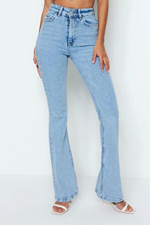 Stil Kadın Moda Denim Kot Pantolon Uzun İspanyol Paça Yüksek Bel Jeans