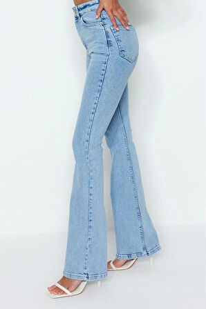 Stil Kadın Moda Denim Kot Pantolon Uzun İspanyol Paça Yüksek Bel Jeans