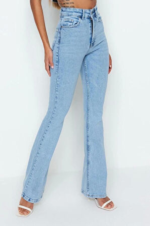 Stil Kadın Moda Denim Kot Pantolon Uzun İspanyol Paça Yüksek Bel Jeans
