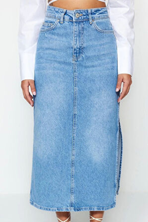 Modern Tarz Astarsız Denim Maxi Boy Yırtmaçlı Yüksek Bel Maxi Denim Etek