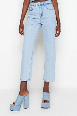 Stil Kadın Moda Denim Kot Pantolon Regular Boru Paça Yüksek Bel Straight Jeans