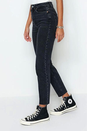 Stil Kadın Moda Denim Kot Pantolon Uzun Boru Paça Yüksek Bel Slim Mom Jeans