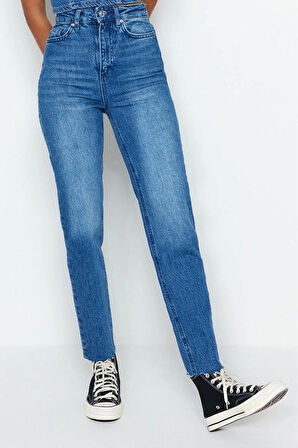Stil Kadın Moda Denim Kot Pantolon Uzun Boru Paça Yüksek Bel Slim Mom Jeans