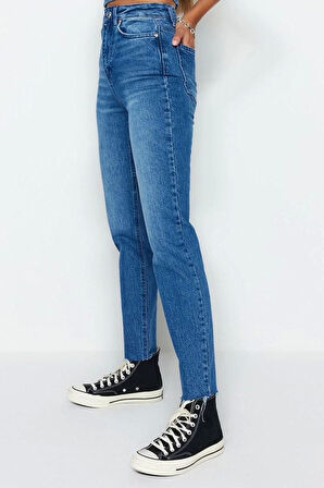 Stil Kadın Moda Denim Kot Pantolon Uzun Boru Paça Yüksek Bel Slim Mom Jeans