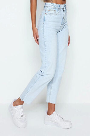 Stil Kadın Moda Denim Kot Pantolon Uzun Boru Paça Yüksek Bel Slim Mom Jeans