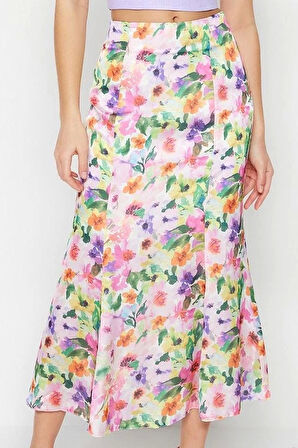 Modern Tarz Astarlı Dokuma Maxi Boy Çiçek Desenli Maxi Boy Dokuma Etek