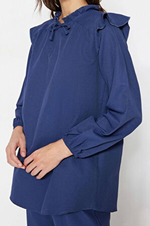 Moda Yüksek Bel Düz Bisiklet Yaka Balon Kol Casual Günlük Denim Görünümlü Tunik-Pantolon Takım