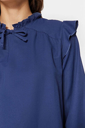 Moda Yüksek Bel Düz Bisiklet Yaka Balon Kol Casual Günlük Denim Görünümlü Tunik-Pantolon Takım