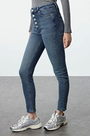 Stil Kadın Moda Denim Kot Pantolon Regular Dar Paça Önden Düğmeli Yüksek Bel Skinny Jeans