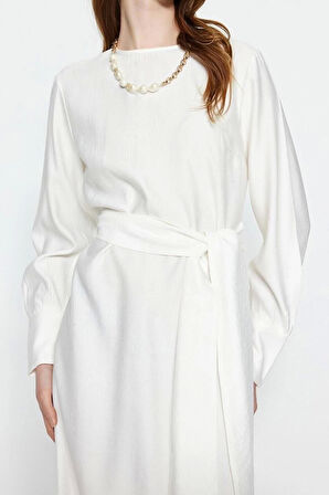 Moda Regular Günlük Keten Aerobin Dokuma Bisiklet Yaka Uzun Kol Shift Maxi Boy Tesettür Elbise