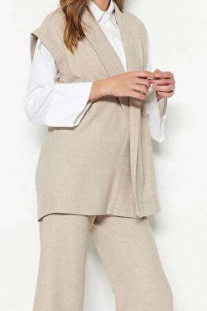 Moda Yüksek Bel Ceket Yaka Düşük Kol İçten Bağlamalı Keten Görünümlü Kimono-Pantolon Dokuma Takım