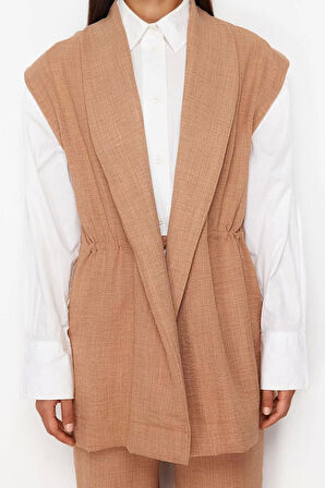 Moda Yüksek Bel Ceket Yaka Düşük Kol İçten Bağlamalı Keten Görünümlü Kimono-Pantolon Dokuma Takım