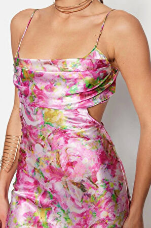 Moda Stil Regular Degaje Yaka Midi Boy Çiçek Desenli Dokuma Saten Şık Abiye Elbise