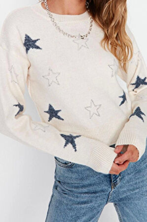 Kadın Modern Tarz Rahat Uzun Bisiklet Yaka Geometrik Kol Crop Triko Kazak