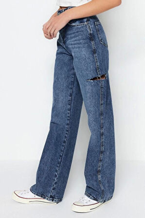 Stil Kadın Moda Denim Kot Pantolon Uzun Geniş Paça Yırtıklı Yüksek Bel Jeans