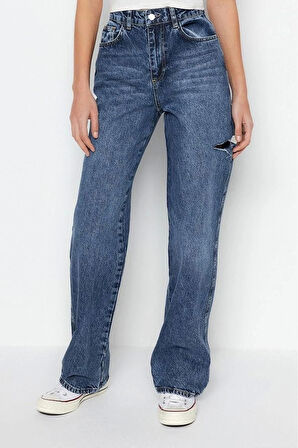 Stil Kadın Moda Denim Kot Pantolon Uzun Geniş Paça Yırtıklı Yüksek Bel Jeans