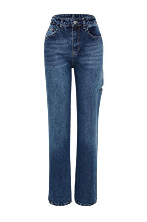 Stil Kadın Moda Denim Kot Pantolon Uzun Geniş Paça Yırtıklı Yüksek Bel Jeans