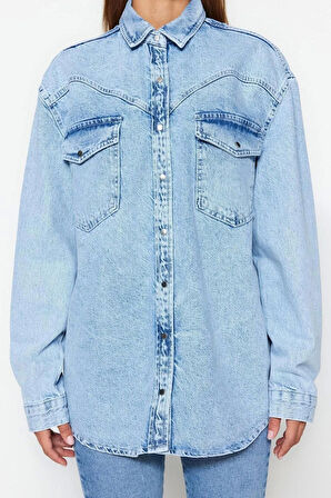 Moda Kadın Gömlek Yaka Düz Desen Günlük Denim Gömlek