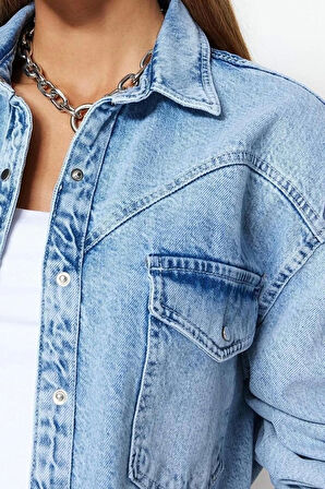 Moda Kadın Gömlek Yaka Düz Desen Günlük Denim Gömlek
