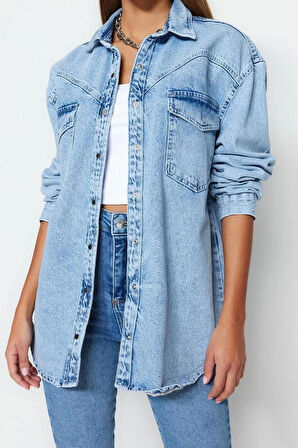 Moda Kadın Gömlek Yaka Düz Desen Günlük Denim Gömlek