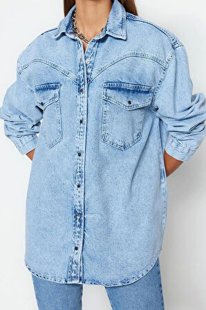 Moda Kadın Gömlek Yaka Düz Desen Günlük Denim Gömlek
