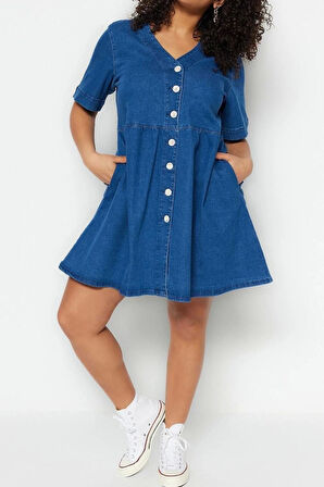 Moda Rahat Casual Günlük Comfort Denim V Yaka Kısa Kol A-Line Mini Boy Büyük Beden Elbise