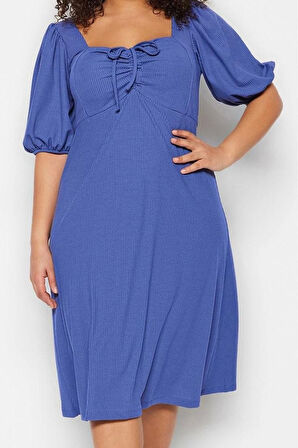 Moda Stil Relaxed Kalp Yaka Midi Boy Büyük Beden Örme Elbise