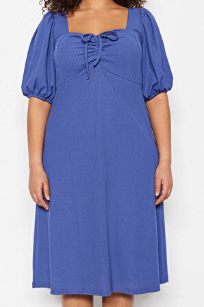 Moda Stil Relaxed Kalp Yaka Midi Boy Büyük Beden Örme Elbise