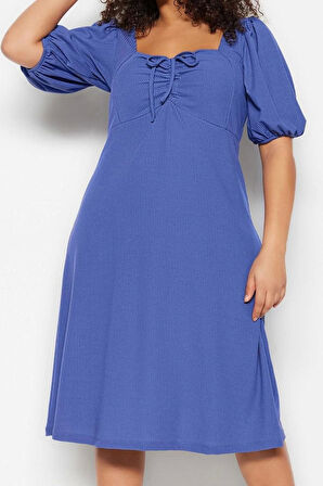 Moda Stil Relaxed Kalp Yaka Midi Boy Büyük Beden Örme Elbise