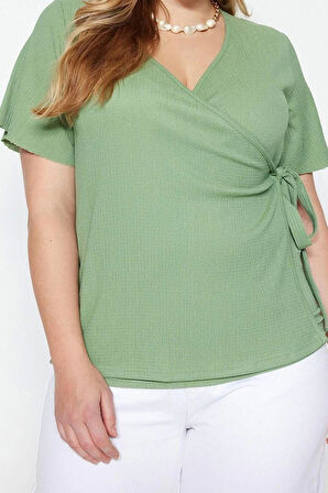 Moda Büyük Beden Kruvaze Örme Fit Düz Desen Casual Günlük Regular Kısa Kol Bluz