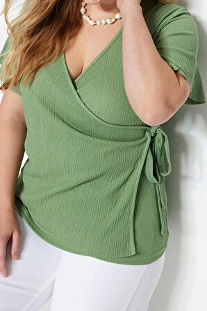 Moda Büyük Beden Kruvaze Örme Fit Düz Desen Casual Günlük Regular Kısa Kol Bluz
